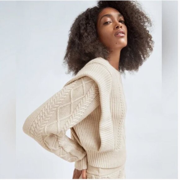 Babaton Seek Sweater Size Medium Heather Birch Merino Wool Cable Knit Pullover - Picture 2 of 16